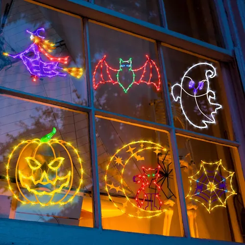 Miniatura 8 de Decoraciones de Luces de Siluetas para Ventana de Halloween de 16" - Paquete de 6 Colores Iluminados Gato en Luna y Fantasma y Telaraña y Calabaza