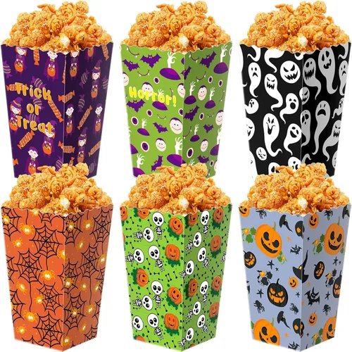 Miniatura 8 de Roshtia 24 cajas de palomitas de maíz de Halloween, 6 diseños de bolsas de palomitas de maíz, cajas de dulces para golosinas para aperitivos, bolsas