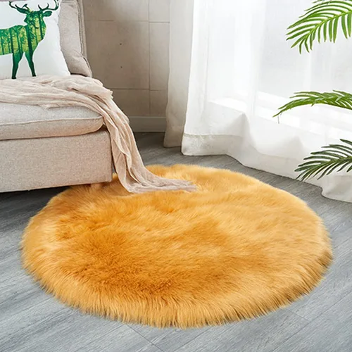 Alfombra redonda de piel de oveja sintética, suave y lanuda. Alfombra mullida para el hogar, decoración de dormitorio, Oro oscuro