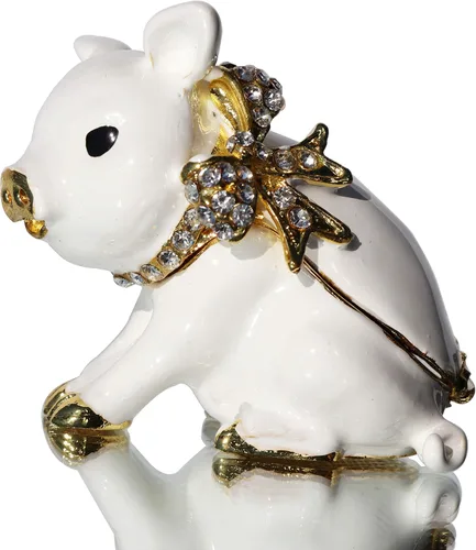 Waltz&F Cerdo blanco con lazo hecho a mano estaño baratija caja de joyería soporte anillo figura decorativa coleccionable