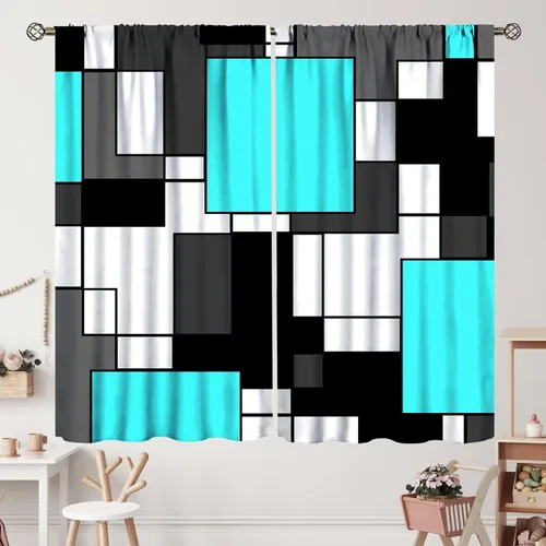 Cortinas geométricas geométricas de color azul, negro, gris y blanco, con bolsillo para barra, para dormitorio, sala de estar, apartamento, hogar,
