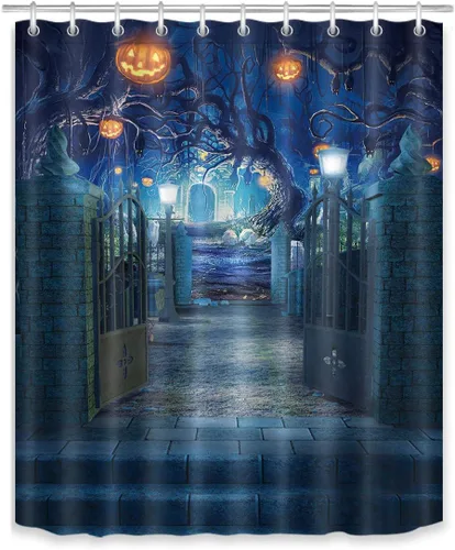 Miniatura 2 de LB Cortina de ducha de Halloween, cementerio de terror, fantasma, gatos negros en árbol, calabaza, cortinas de ducha para baño con ganchos, 60 x 72