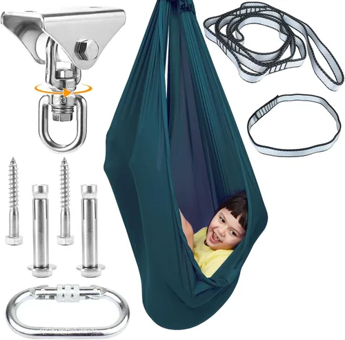 Miniatura 8 de Columpio sensorial para niños con gancho giratorio de 360°, tela de doble capa resistente a la flacidez para interiores y exteriores, columpio