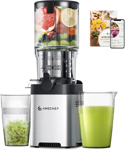Exprimidor de prensa en frío con autoalimentación extra de 5.2 pulgadas para verduras y frutas enteras, extractor de jugo con barrena grande y