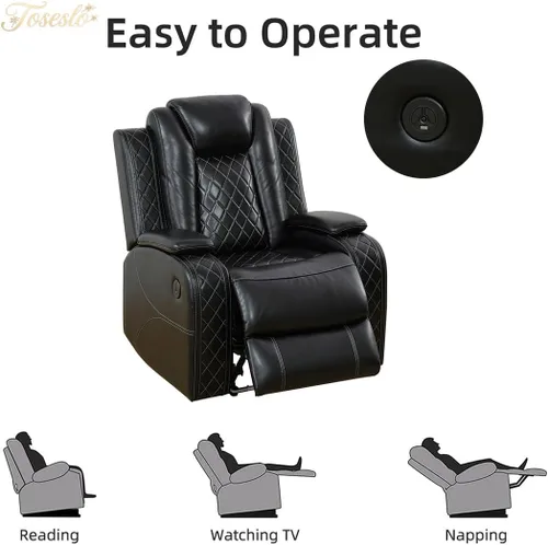 Miniatura 6 de Juegos de muebles de sala de Toseslo, juego de sofá reclinable eléctrico, seccional de 2 reclinables de cuero negro con luz LED, juegos modernos