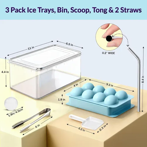 Miniatura 3 de Paquete de 3 bandejas para cubitos de hielo para congelador, máquina de hielo redonda grande para whisky, molde de hielo de 8 bolas con cubo