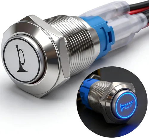 Miniatura 10 de Twidec/Interruptor de botón de presión momentáneo de bocina de altavoz de 16 mm, orificio de montaje de 5/8 pulgadas, luz LED azul de 12 V, carcasa