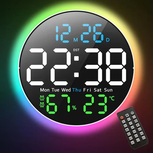 Reloj de pared digital, pantalla LED grande de 10 pulgadas, reloj digital con luz RGB, control remoto, atenuador de brillo automático con luces