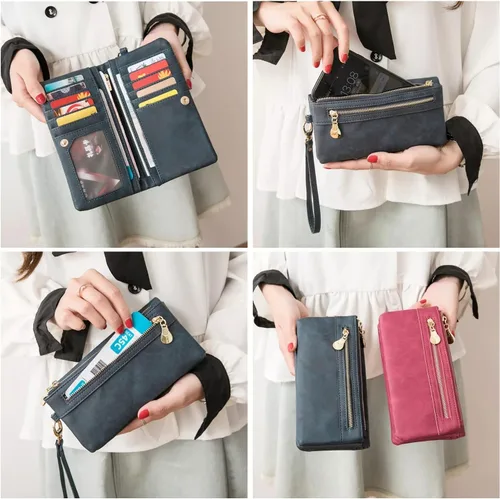 Miniatura 5 de Aslana Cartera larga de cuero suave con correa de mano bolso de embrague para las mujeres multi función tarjetero teléfono bolsa, #04 Rojo
