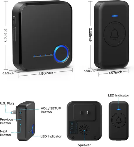 Miniatura 8 de FOVKSUC Timbre Inalámbrico, Timbre de Puerta Impermeable con 60 Melodías, 5 Niveles de Volumen y Flash LED, Timbre de Aula de Largo Alcance de 1000
