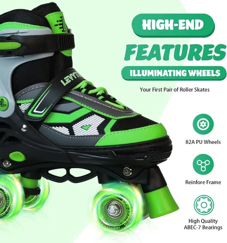 Miniatura 3 de Patines de ruedas para niños y niñas, patines cuádruples ajustables de 4 tallas con todas las ruedas iluminadas para principiantes, deportes de Verde