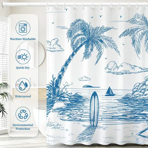 Miniatura 4 de MEHOFOND Cortina de ducha de surf, tabla de surf retro, diseño de palmeras tropicales, sala de estar, silla de verano para playa, tela de poliéster