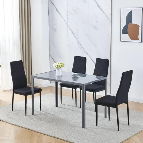 Miniatura 2 de Juego de 4 mesas de comedor y sillas negras modernas de 5 piezas para cocina pequeña, mesa rectangular de vidrio templado y 4 sillas de terciopelo