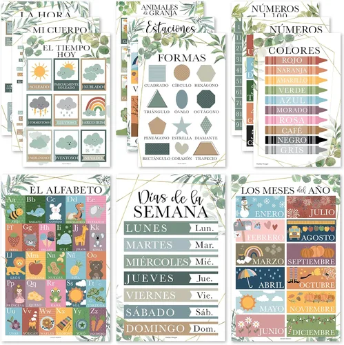 Miniatura 12 de Hadley Designs Carteles de español para el aula – 12 carteles educativos bilingües para decoraciones de aula de español imprescindibles, calendario