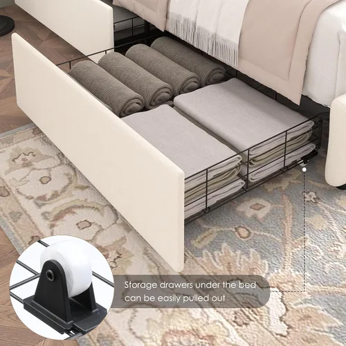 Miniatura 4 de Keyluv - Base de cama tapizada moderna con 4 cajones, diseño de cabecera con botones, soporte de listones de madera maciza, fácil montaje, tela