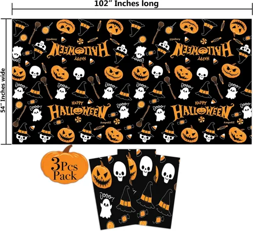 Miniatura 2 de AnapoliZ Mantel de plástico de Halloween Paquete de 3 piezas (54 x 102 pies) Mantel rectangular Calabaza, decoración de brujas Mantel