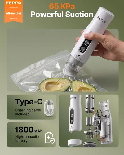 Miniatura 4 de FEPPO Sellador al vacío compacto para alimentos (máquina selladora al vacío + 3 recipientes + 10 bolsas reutilizables), potente sellador