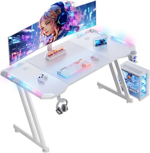 Miniatura 9 de HLDIRECT Escritorio para juegos de 47 pulgadas con luces LED, mesa grande de escritorio RGB para computadora con soporte para tazas, gancho