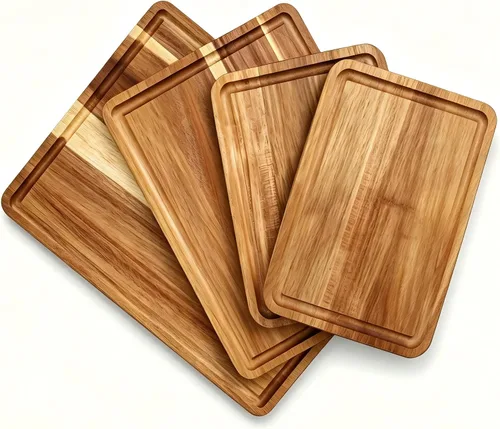 AZRHOM Juego de 4 tablas de cortar grandes de madera para charcutería de queso de cocina (caja de regalo incluida) Bloque de carnicero de acacia con