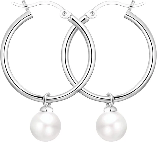 Miniatura 3 de JO WISDOM Pendientes de aro de plata de ley 925 con perlas simuladas de Danlge (blanconegro)