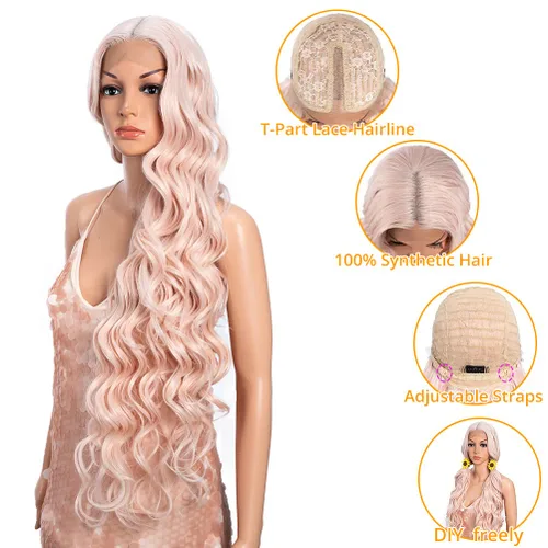 Miniatura 2 de Style Icon Pelucas de encaje frontal de 36 pulgadas, pelucas de color rosa súper largas con cabello de bebé, densidad del 130 %, peluca sintética