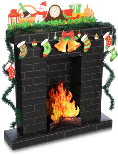 AmazingSpark Chimenea de cartón corrugado de Navidad de 35.5 x 29 x 8 pulgadas, chimenea de cartón con media llama de fuego 3D, campana de pino para