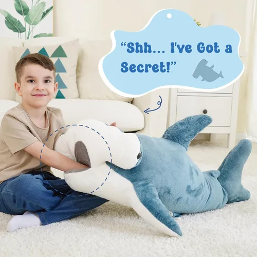 Miniatura 2 de juguete de peluche de tiburón con cabeza de martillo de 37 pulgadas, tiburón gigante suave y realista, tiburón de peluche azul para océano, regalo