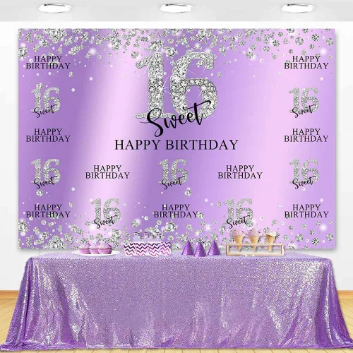 Miniatura 3 de Sensfun Telón de fondo para fiesta de cumpleaños de 16 años, morado y plateado, decoración de dulces dieciséis dulces, diamantes con purpurina