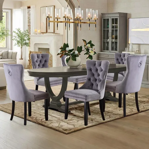 Miniatura 80 de Juego de 2 sillas de comedor tapizadas de terciopelo, sillas laterales de cocina de estilo moderno con ribete de cabeza de clavo y patas de madera
