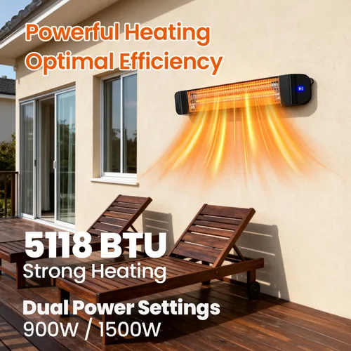 Miniatura 5 de Calentador infrarrojo de patio de 1500 W, 2 niveles (900 W/1500 W), calentador eléctrico para exteriores montado en la pared con control remoto
