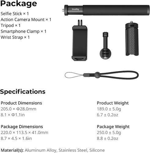 Miniatura 11 de SmallRig Trípode invisible para selfie stick para cámara de acción, poste extensible de 37.4 pulgadas con abrazadera de teléfono para GoPro 13/12