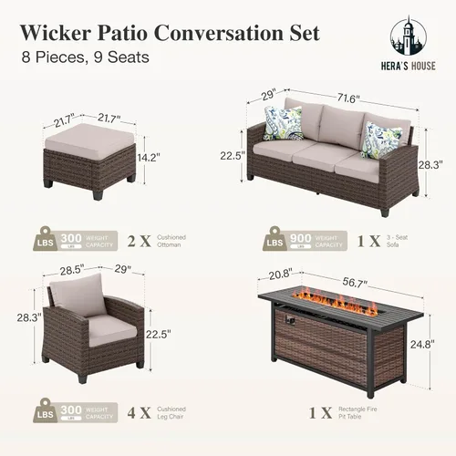Miniatura 6 de HERA'S HOUSE Juego de muebles para patio, muebles de mimbre para exteriores con fogata, 8 piezas de sofás de conversación para exteriores con Beige