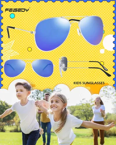 Miniatura 6 de FEISEDY Lentes de sol clásicos para niños y niñas, lentes de sol piloto reflectantes con marco de metal, para bebés de 3 a 16 años, B2786