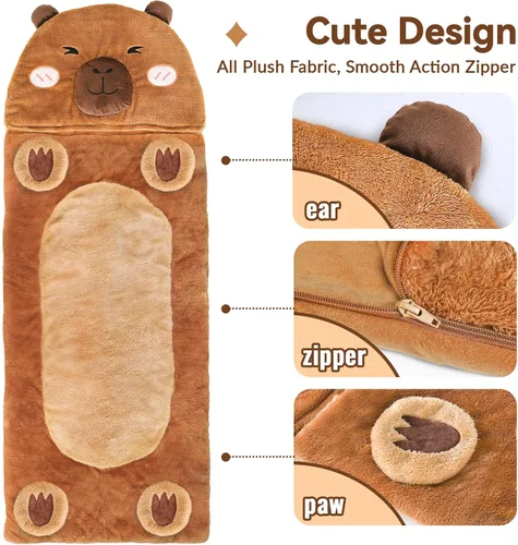 Miniatura 5 de iPlay, iLearn Saco de dormir para niños, saco de dormir Capybara de felpa, tapete para siesta para niña y niño, almohada de animal marrón 2 en 1