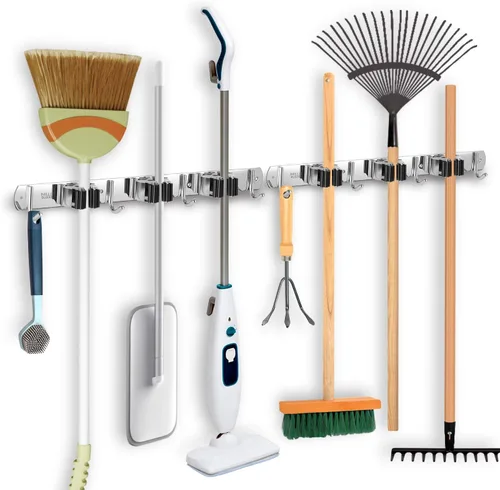 IMILLET Paquete de 2 Soportes para Escobas y Fregonas con Montaje en Pared, Soporte para Escoba y Fregona de Acero Inoxidable, Autoadhesivo, Ganchos