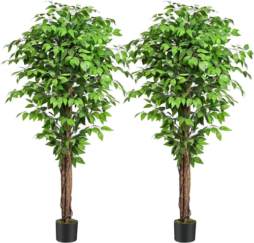 Miniatura 16 de Árboles artificiales de ficus de 3 pies con troncos naturales curvados, árbol exuberante de 36" de altura, árbol falso de ficus realista en verde