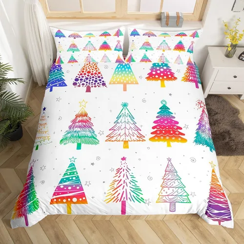 Miniatura 14 de Erosebridal Juego de funda de edredón de flores de pascua, diseño de árbol de Navidad verde, tamaño individual, colorido con luces de Navidad, juego