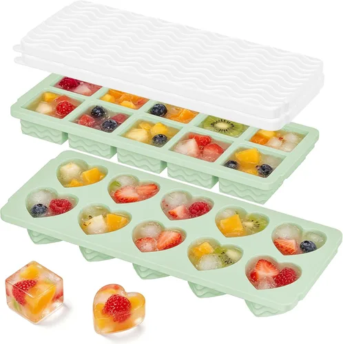 Doasuwish Bandejas de cubitos de hielo para congelador con tapas, 2 cucharadas de 10 cubos cuadrados y bandejas de hielo en forma de corazón, moldes