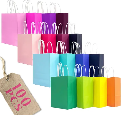 Bakepacker 100 bolsas pequeñas de regalo de papel con asas, 16 bolsas de diferentes colores para personas mayores (15x21x8cm/6"x8.3"x3.15")