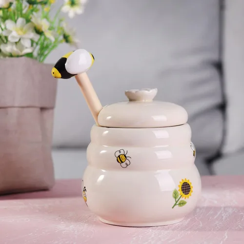 Tarro de Miel Cerámico con Cuchara de Miel de Madera - Tarro de Miel con Cuchara - Tarro de Miel con Soporte, Gran Decoración de Abeja - Decoración