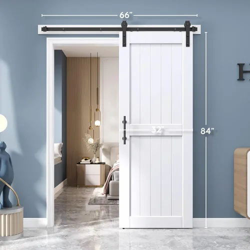 Miniatura 8 de EaseLife Puerta de granero blanca de 32 x 84 pulgadas con kit de herrajes para puerta corredera de 5.5 pies incluido y asa, cubierta de madera