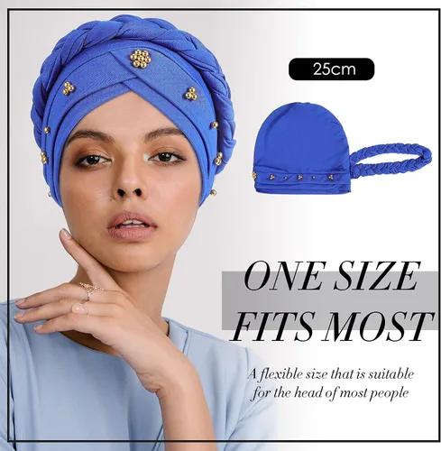 Miniatura 6 de 6 Pieces Women African Turban Head Wraps Caps Twisted Braid Beaded Elastic Wrap Cap