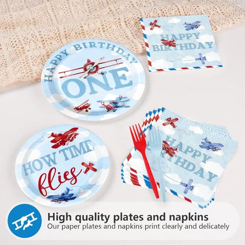 Miniatura 4 de 96 piezas de decoraciones de primer cumpleaños de avión para niños, juegos de platos y servilletas de primer cumpleaños de avión rojo y azul