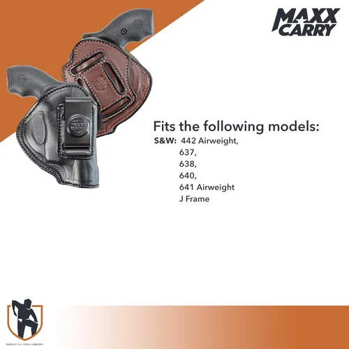 Miniatura 5 de Maxx Carry Funda de cuero de alta calidad OWB e IWB de 4 vías para pistola de marco J para los modelos S&W 442 y 642 Airweight 637, 638, 640 y otros