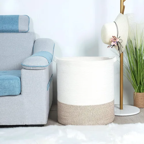 Miniatura 8 de MINTWOOD Design Cesta decorativa de cuerda de algodón tejida extra grande de 20 x 18 pulgadas, cesta alta para ropa sucia, cesta de manta para sala