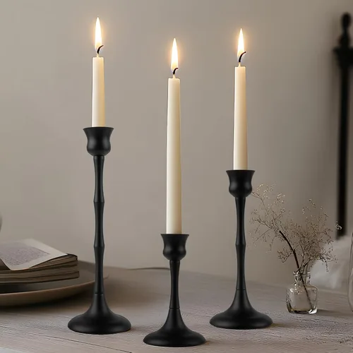Juego de 3 candelabros de metal vintage, portavelas negros para candelabros, soporte de velas cónicas antiguas, soporte para velas para decoración