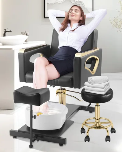 Miniatura 2 de Silla de Pedicura Sin Plomería para Técnica de Uñas, con Reposapiés Ajustable y Tina de Masaje, Taburete de Pedicura con Ruedas, Estación