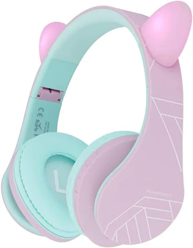 PowerLocus - Auriculares sobre la oreja para niños, auriculares Bluetooth inalámbricos para niños, con micrófono, volumen limitado seguro de 85 dB,