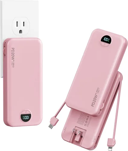 Miniatura 11 de Cargador ultraportátil de 10000 mAh con cables integrados y enchufe de pared de CA, cargador de teléfono celular de carga rápida PD20W USB-C, Púrpura