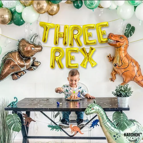 Miniatura 7 de Katchon, Enormes globos dorados de tres Rex – 16 pulgadas Tres decoraciones de cumpleaños Rex para niño Decoraciones de cumpleaños de dinosaurio